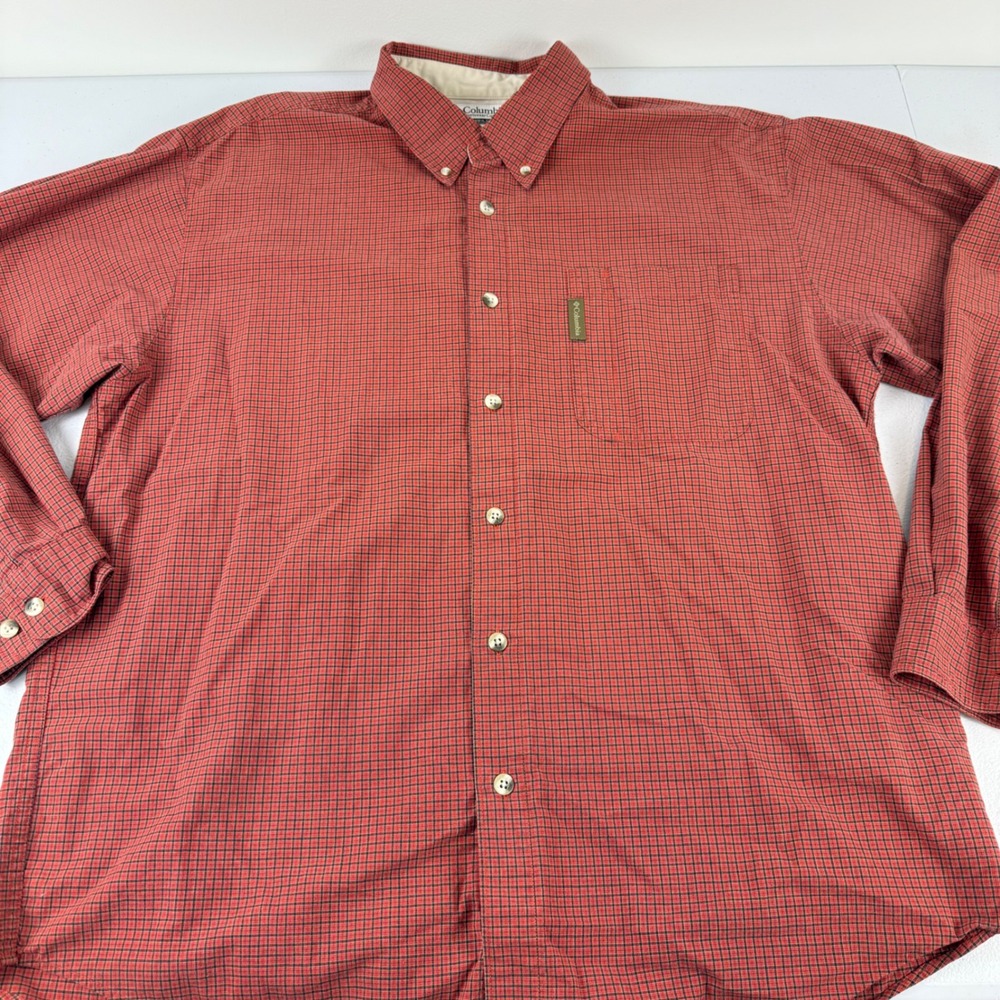 Columbia Mens Red Black Micro Check‎ Plaid Button Down Shirt Long Sleeve Large